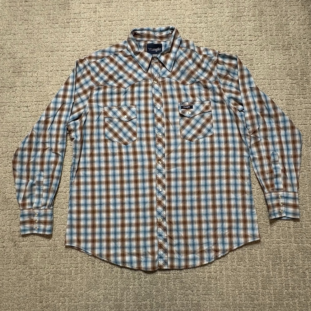 Wrangler Wrancher Shirt Mens Large Plaid Western Pearl Snap Flannel Cowboy Rodeo